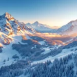 Besneeuwde Oostenrijkse Alpen bij zonsopgang met skipistes door dennenbossen en skiërs uitrusting op poedersneeuw