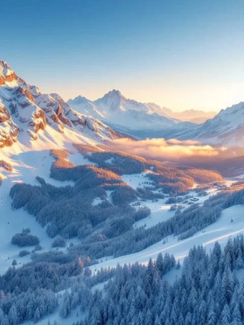 Besneeuwde Oostenrijkse Alpen bij zonsopgang met skipistes door dennenbossen en skiërs uitrusting op poedersneeuw