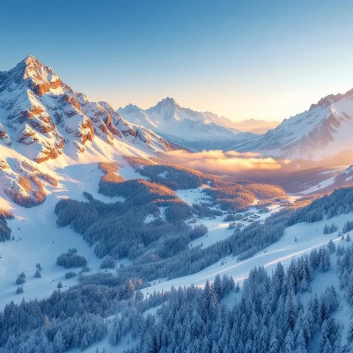 Besneeuwde Oostenrijkse Alpen bij zonsopgang met skipistes door dennenbossen en skiërs uitrusting op poedersneeuw