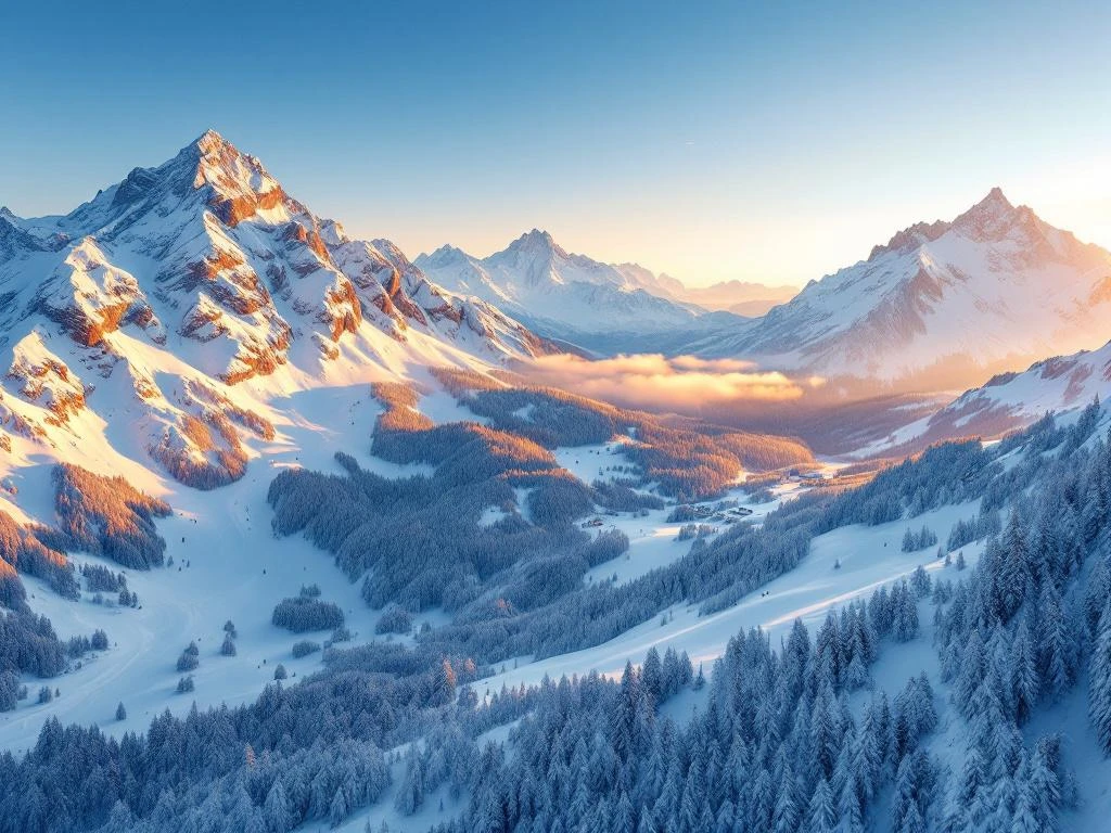 Besneeuwde Oostenrijkse Alpen bij zonsopgang met skipistes door dennenbossen en skiërs uitrusting op poedersneeuw