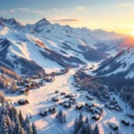 Luchtfoto van Oostenrijkse Alpen skipistes bij zonsopgang met sneeuw, chalets en skiliften
