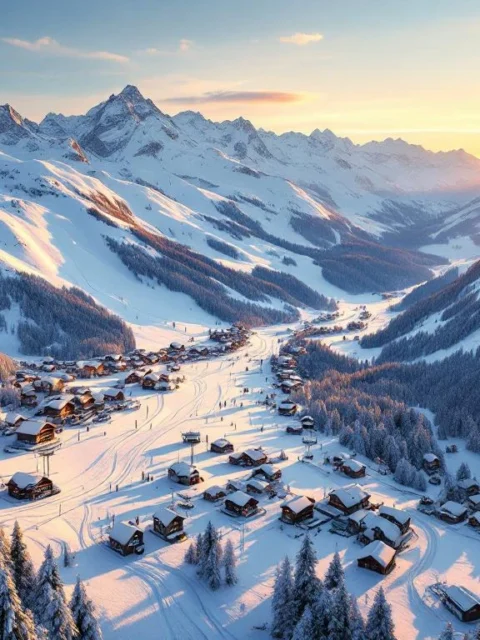 Luchtfoto van Oostenrijkse Alpen skipistes bij zonsopgang met sneeuw, chalets en skiliften