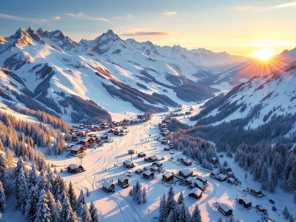 Luchtfoto van Oostenrijkse Alpen skipistes bij zonsopgang met sneeuw, chalets en skiliften