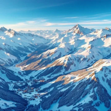 Luchtfoto van besneeuwde Oostenrijkse Alpen bij zonsopgang met skipistes en houten chalets in dal
