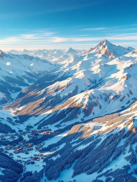 Luchtfoto van besneeuwde Oostenrijkse Alpen bij zonsopgang met skipistes en houten chalets in dal