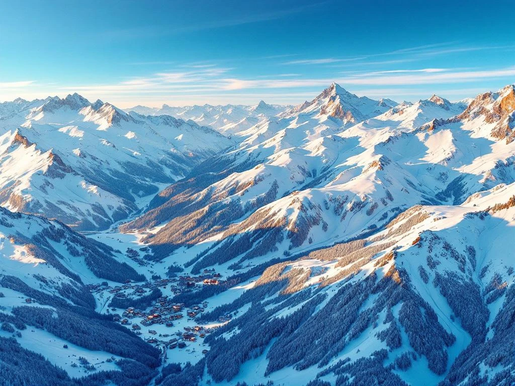 Luchtfoto van besneeuwde Oostenrijkse Alpen bij zonsopgang met skipistes en houten chalets in dal