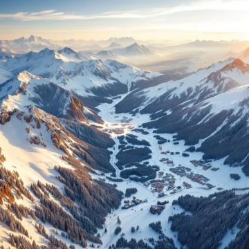 Luchtfoto van besneeuwde Oostenrijkse Alpen bij zonsopgang met skigebieden en gouden licht op bergtoppen