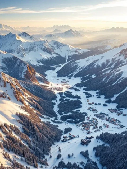 Luchtfoto van besneeuwde Oostenrijkse Alpen bij zonsopgang met skigebieden en gouden licht op bergtoppen