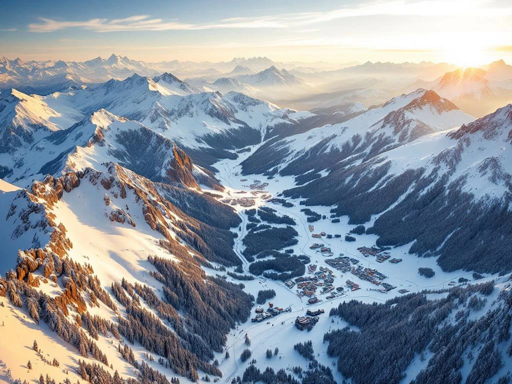 Luchtfoto van besneeuwde Oostenrijkse Alpen bij zonsopgang met skigebieden en gouden licht op bergtoppen