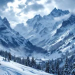Oostenrijkse Alpen in diepe winter met besneeuwde bergtoppen, dennenbossen en zware sneeuwval onder dramatische wolken