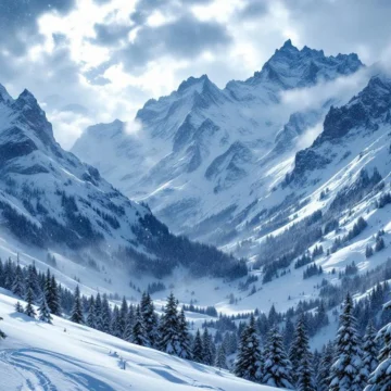 Oostenrijkse Alpen in diepe winter met besneeuwde bergtoppen, dennenbossen en zware sneeuwval onder dramatische wolken