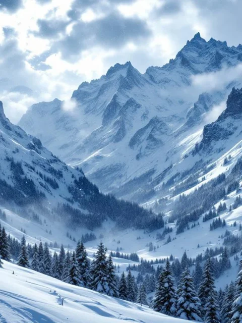 Oostenrijkse Alpen in diepe winter met besneeuwde bergtoppen, dennenbossen en zware sneeuwval onder dramatische wolken