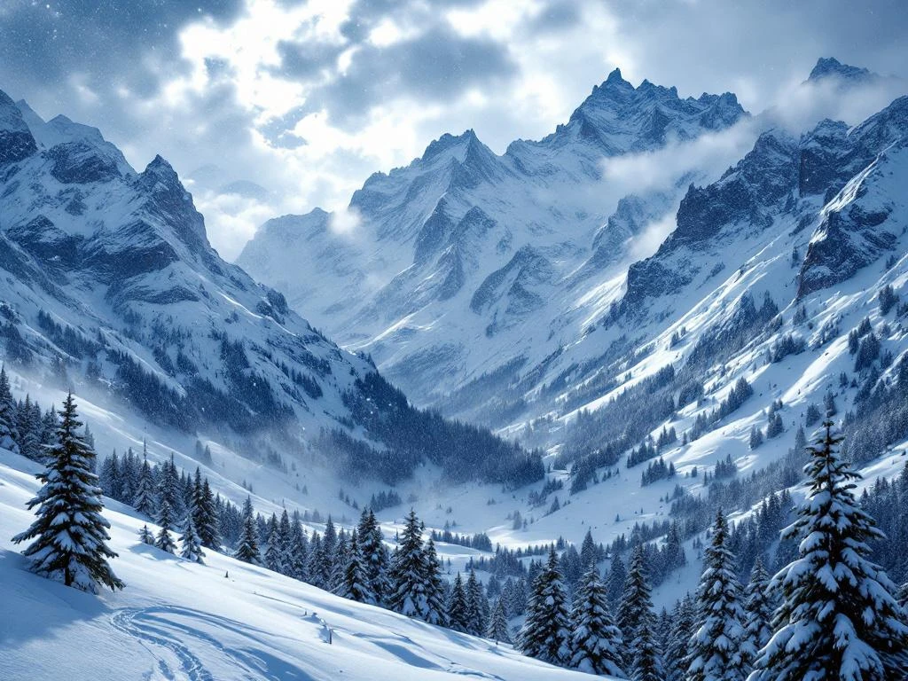 Oostenrijkse Alpen in diepe winter met besneeuwde bergtoppen, dennenbossen en zware sneeuwval onder dramatische wolken