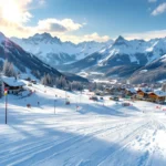 Oostenrijks skigebied met beginnershellingen, skilift en traditionele alpine lodge onder blauwe hemel
