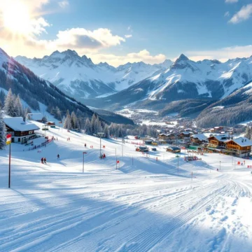 Oostenrijks skigebied met beginnershellingen, skilift en traditionele alpine lodge onder blauwe hemel