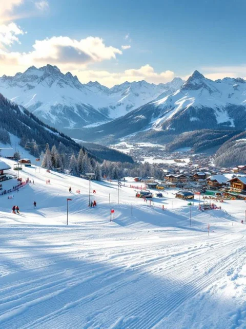 Oostenrijks skigebied met beginnershellingen, skilift en traditionele alpine lodge onder blauwe hemel
