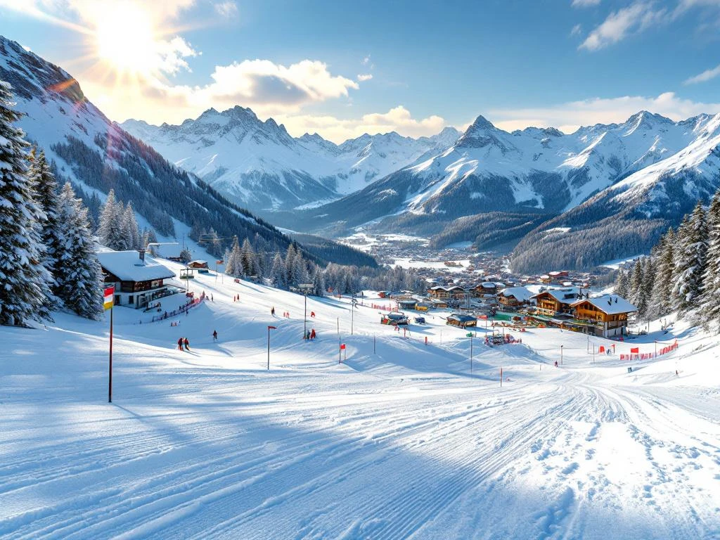 Oostenrijks skigebied met beginnershellingen, skilift en traditionele alpine lodge onder blauwe hemel