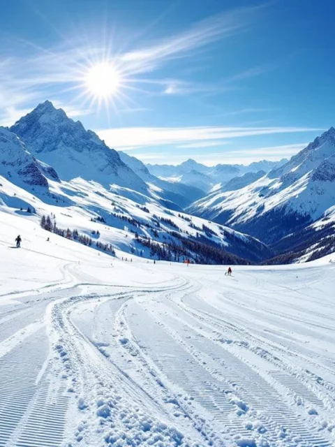 Zonnige Oostenrijkse skihelling met gemarkeerd lesgebied, besneeuwde Alpentoppen en skilift naar gevorderde pistes in stralend ochtendlicht.