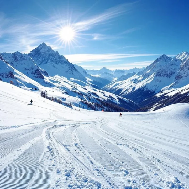 Zonnige Oostenrijkse skihelling met gemarkeerd lesgebied, besneeuwde Alpentoppen en skilift naar gevorderde pistes in stralend ochtendlicht.