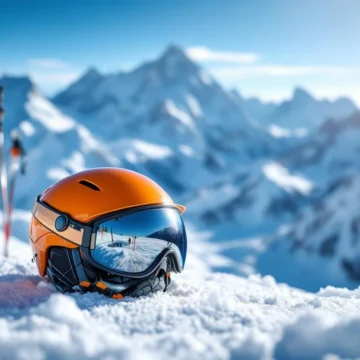 Oranje skihelm in close-up met Franse Alpen en besneeuwde bergtoppen op de achtergrond