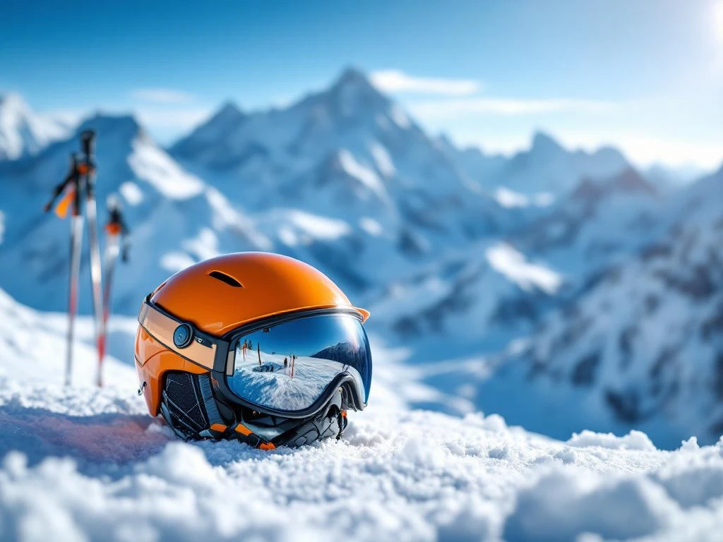 Oranje skihelm in close-up met Franse Alpen en besneeuwde bergtoppen op de achtergrond