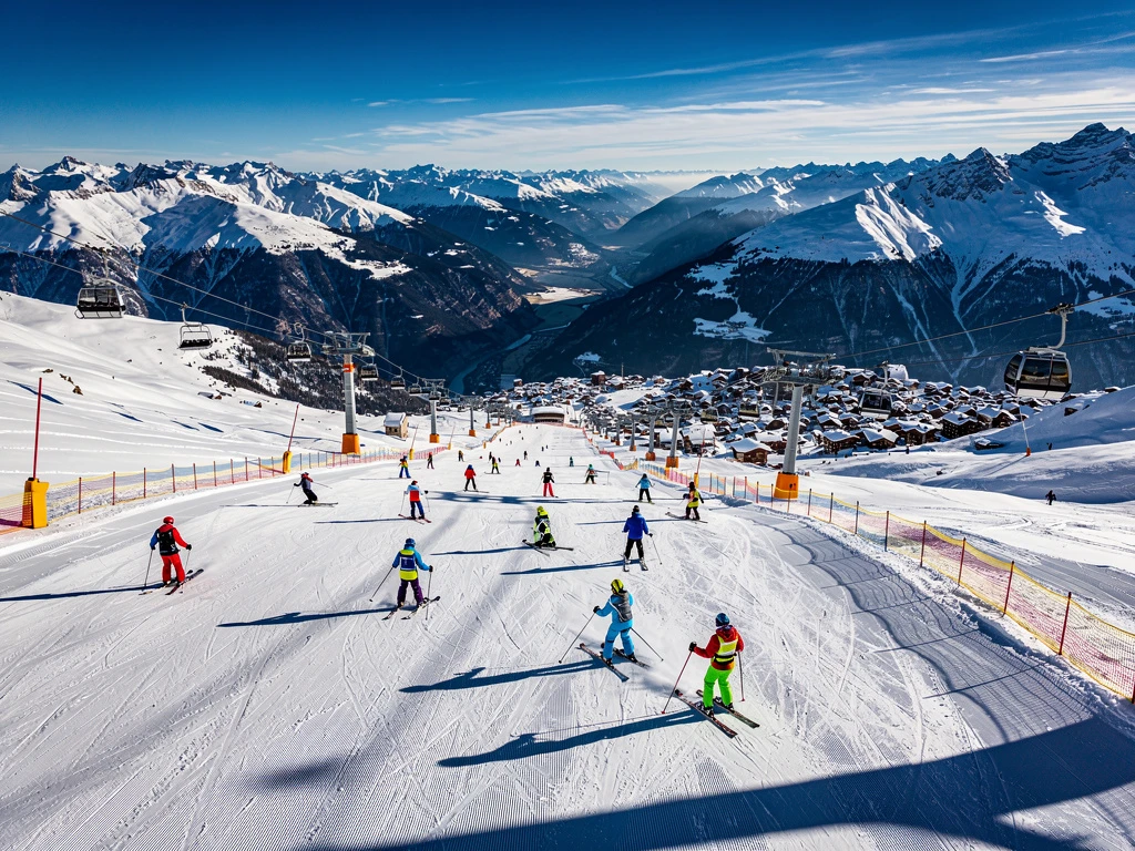 Skigroepen in kleurrijke winterkleding tijdens lessen op besneeuwde hellingen van Orelle in de Drie Valleien, Alpen