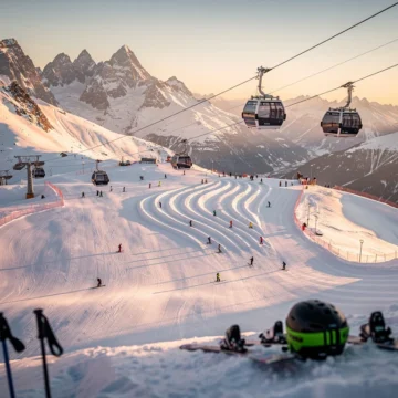 Aerial view of Peisey-Vallandry ski resort at golden hour showing snow-covered slopes, skier groups, and Alpine peaks in background.