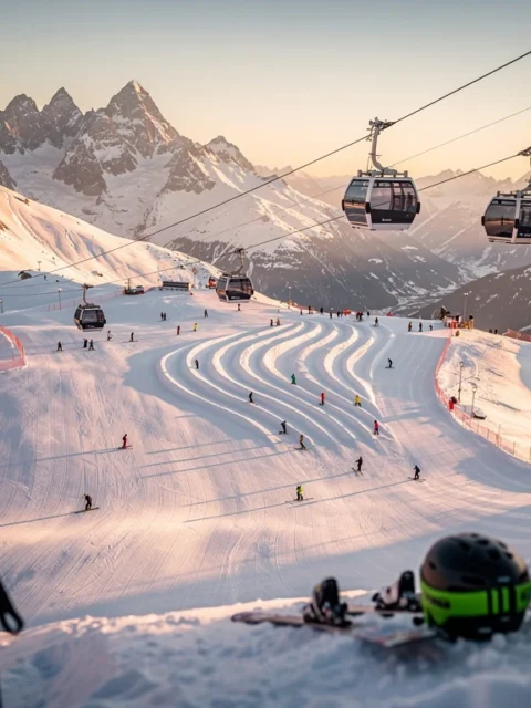 Aerial view of Peisey-Vallandry ski resort at golden hour showing snow-covered slopes, skier groups, and Alpine peaks in background.