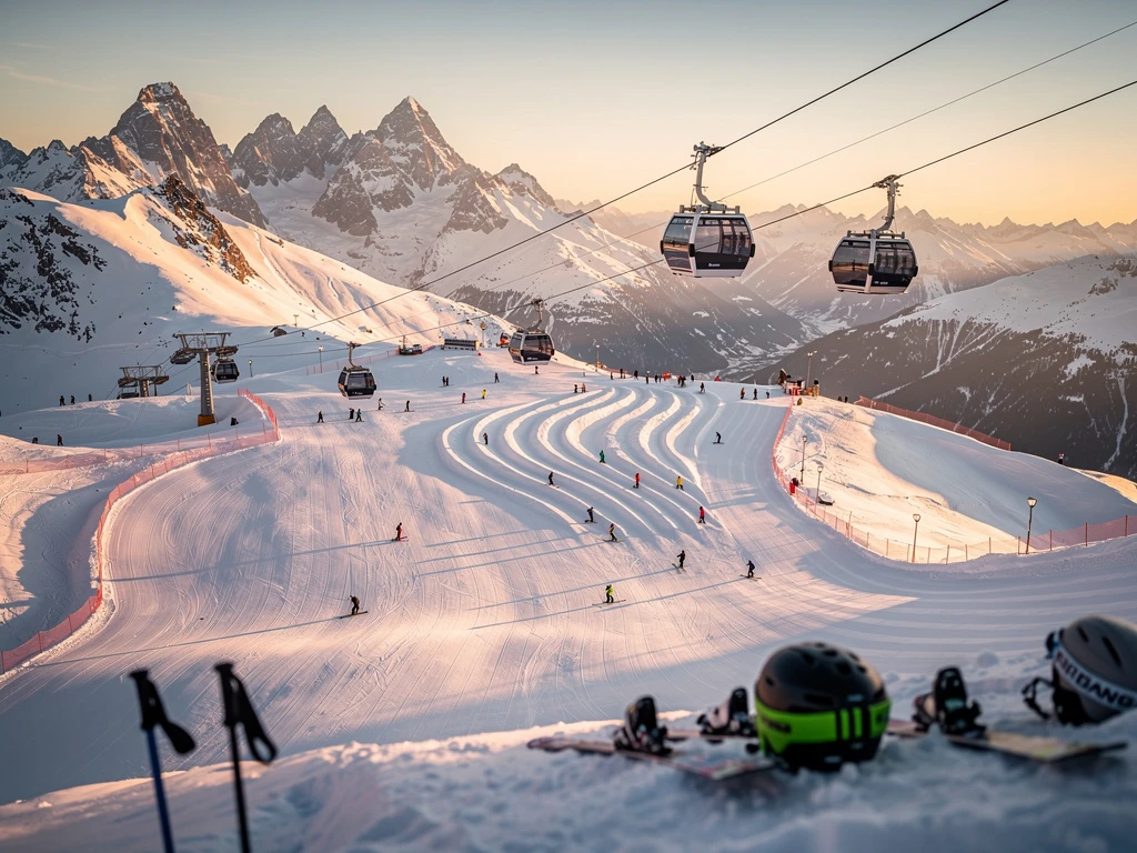 Aerial view of Peisey-Vallandry ski resort at golden hour showing snow-covered slopes, skier groups, and Alpine peaks in background.