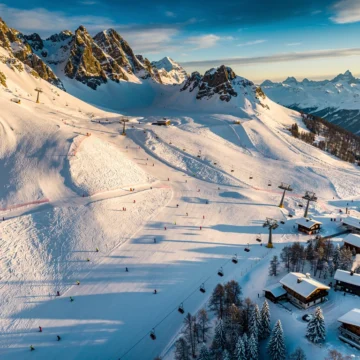 Luchtfoto van Peisey-Vallandry skigebied met besneeuwde pistes, skiërs, liften en Alpine chalets in gouden zonlicht