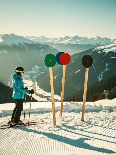 Skiër bij pistekruising met groene, blauwe, rode en zwarte pistenmarkeringen in verse sneeuw, met Alpien dal op de achtergrond.