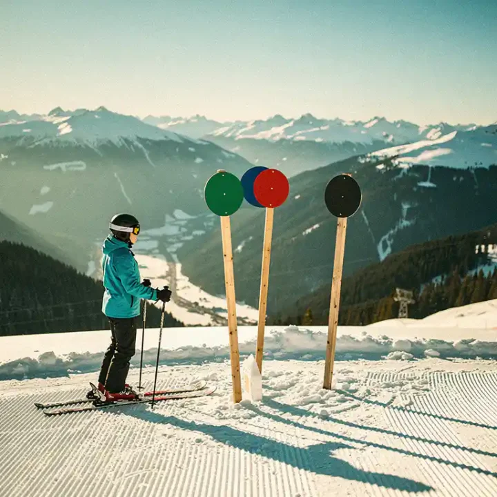 Skiër bij pistekruising met groene, blauwe, rode en zwarte pistenmarkeringen in verse sneeuw, met Alpien dal op de achtergrond.