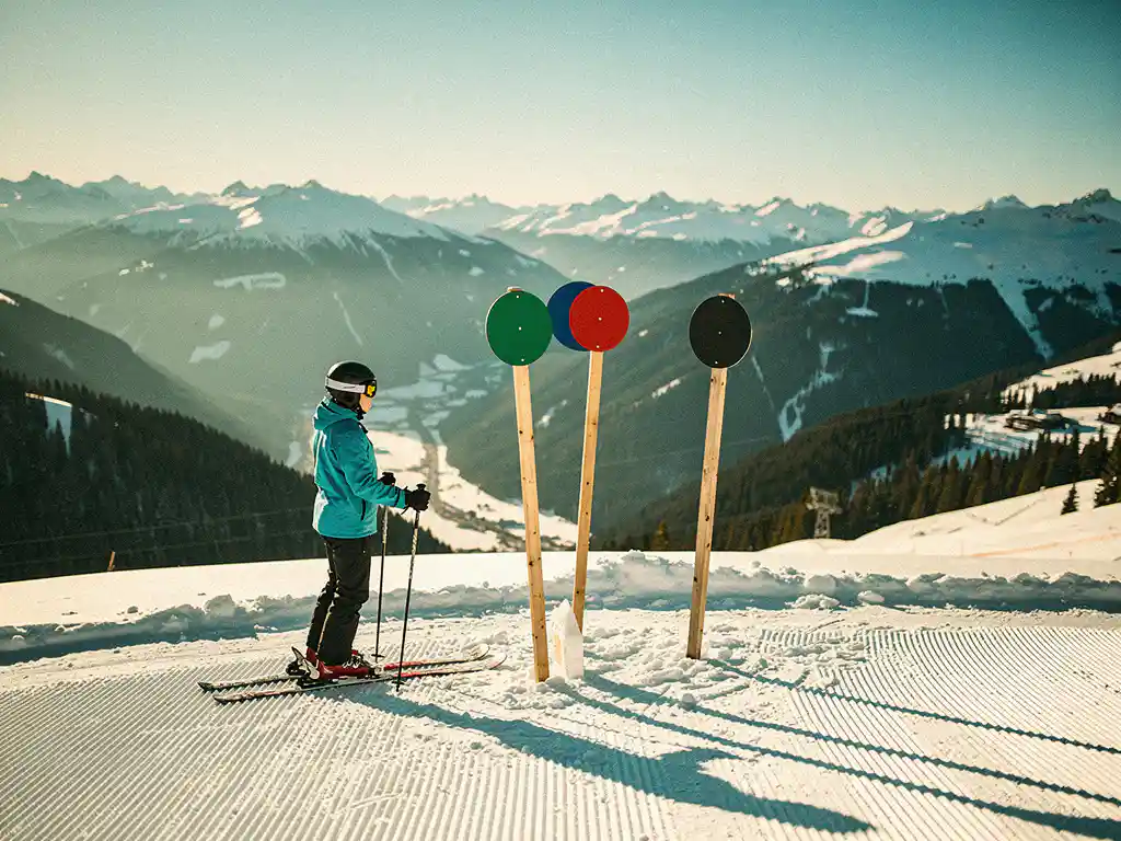 Skiër bij pistekruising met groene, blauwe, rode en zwarte pistenmarkeringen in verse sneeuw, met Alpien dal op de achtergrond.