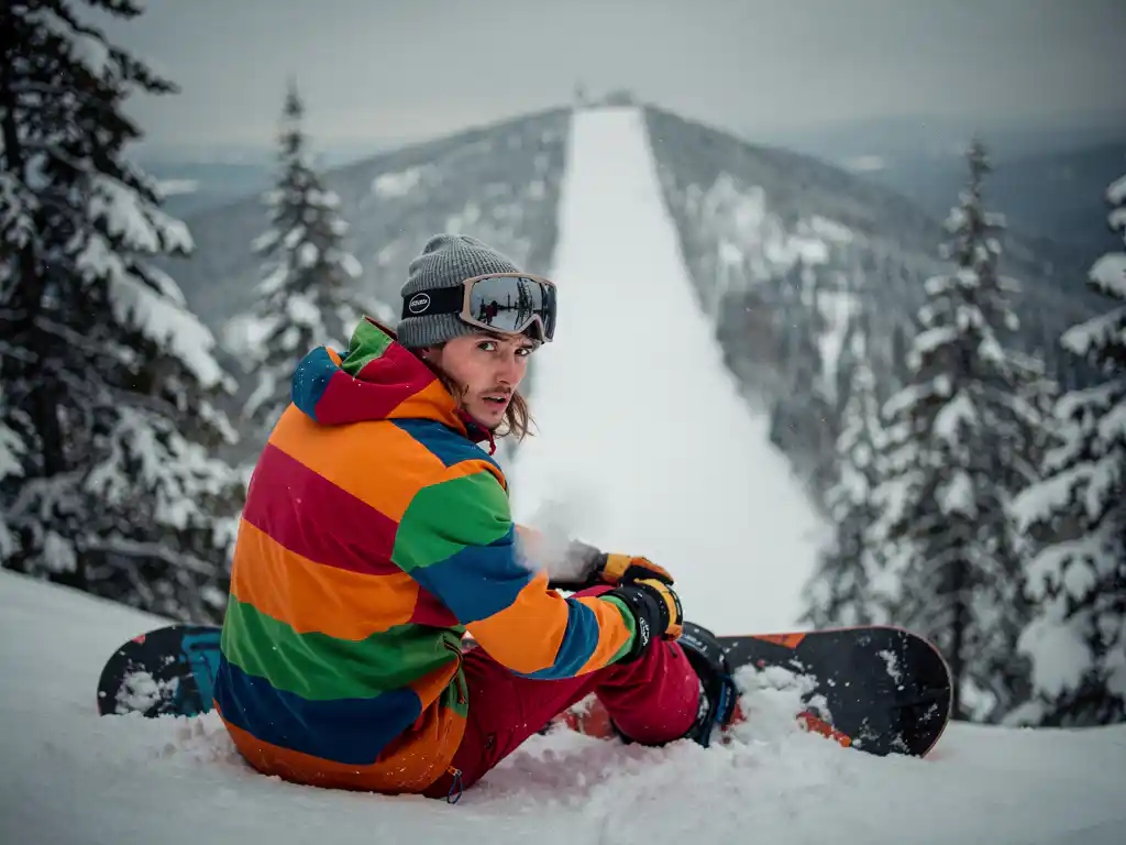 Snowboardeur nerveux en équipement d'hiver assis au bord d'une pente enneigée, regardant la montagne avec détermination
