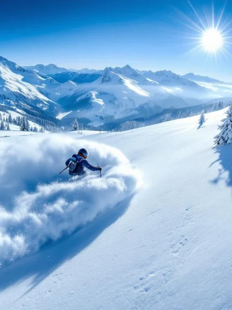 Skiër snijdt door ongerepte poedersneeuw in Alpens landschap, creëert witte pluimen in ochtendzonlicht tegen besneeuwde bergtoppen.