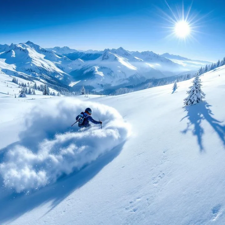 Skiër snijdt door ongerepte poedersneeuw in Alpens landschap, creëert witte pluimen in ochtendzonlicht tegen besneeuwde bergtoppen.