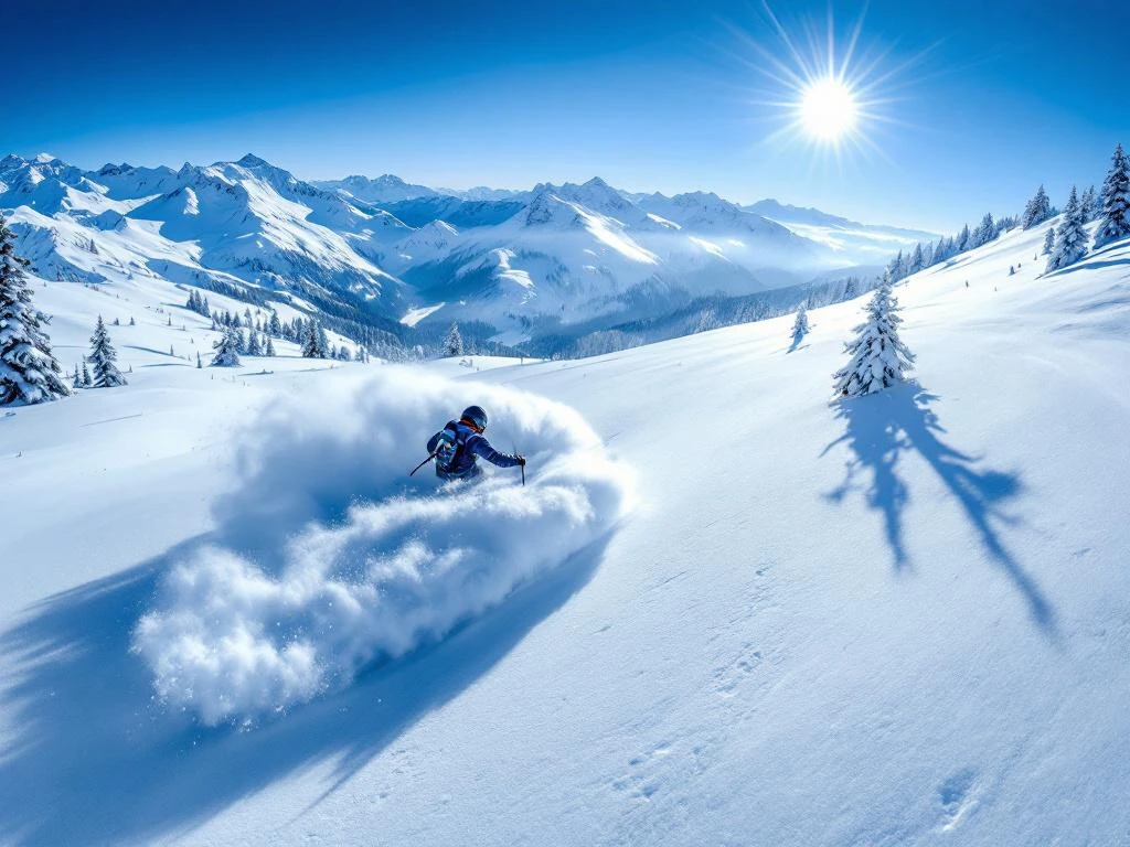 Skiër snijdt door ongerepte poedersneeuw in Alpens landschap, creëert witte pluimen in ochtendzonlicht tegen besneeuwde bergtoppen.