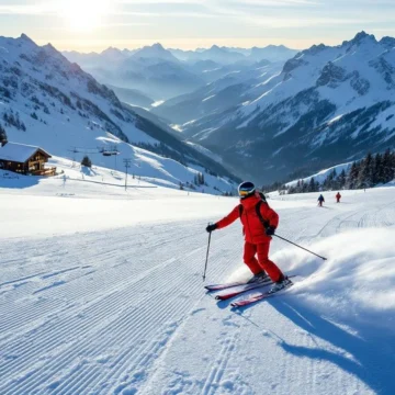Privé ski-instructeur in rood uniform begeleidt leerling op perfect geprepareerde piste met indrukwekkend Alpenlandschap en besneeuwde bergtoppen onder blauwe winterhemel.