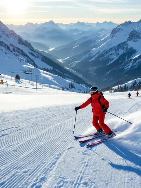 Privé ski-instructeur in rood uniform begeleidt leerling op perfect geprepareerde piste met indrukwekkend Alpenlandschap en besneeuwde bergtoppen onder blauwe winterhemel.