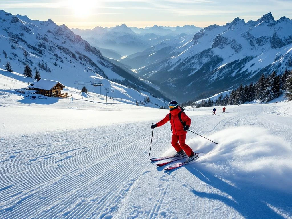 Privé ski-instructeur in rood uniform begeleidt leerling op perfect geprepareerde piste met indrukwekkend Alpenlandschap en besneeuwde bergtoppen onder blauwe winterhemel.