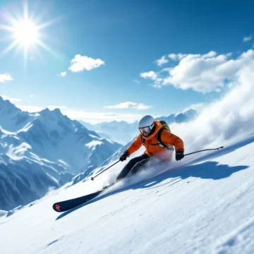 Professionele skiër in perfecte houding maakt elegante bocht op versgeprepareerde piste, omringd door besneeuwde Alpenbergen onder stralend blauwe hemel.