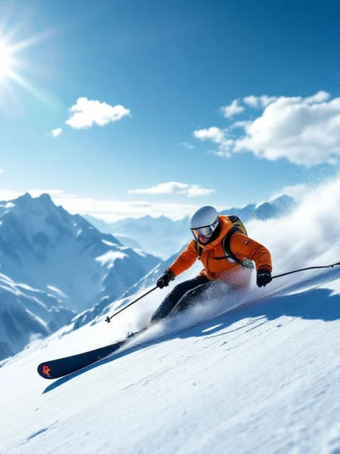 Professionele skiër in perfecte houding maakt elegante bocht op versgeprepareerde piste, omringd door besneeuwde Alpenbergen onder stralend blauwe hemel.