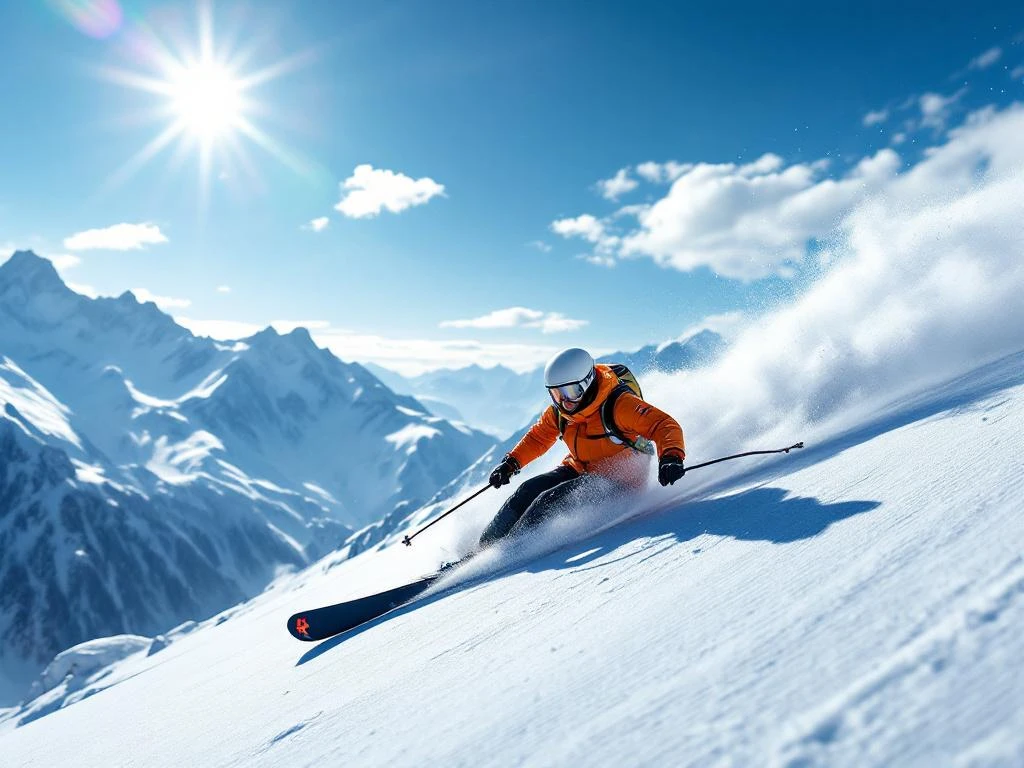 Professionele skiër in perfecte houding maakt elegante bocht op versgeprepareerde piste, omringd door besneeuwde Alpenbergen onder stralend blauwe hemel.