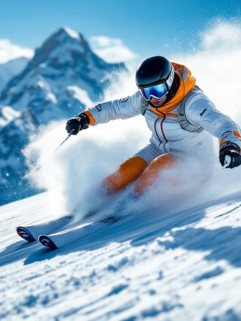 Professionele skiër demonstreert perfecte techniek tijdens vloeiende bocht op glinsterende alpenpiste met majestueuze bergtoppen en poedersneeuw.