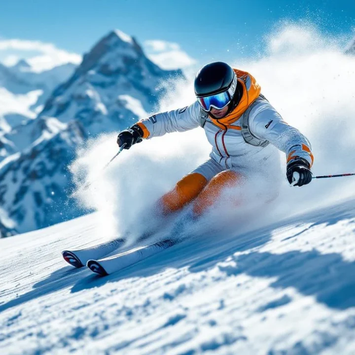 Professionele skiër demonstreert perfecte techniek tijdens vloeiende bocht op glinsterende alpenpiste met majestueuze bergtoppen en poedersneeuw.