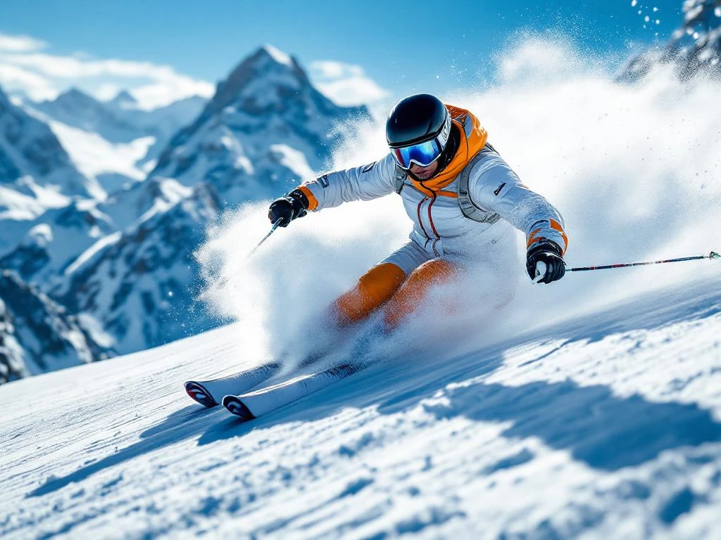 Professionele skiër demonstreert perfecte techniek tijdens vloeiende bocht op glinsterende alpenpiste met majestueuze bergtoppen en poedersneeuw.