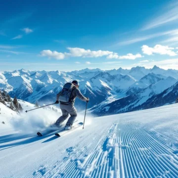 Professionele skiër toont perfecte houding tijdens parallelle bocht op blauwe piste met majestueuze Alpen en stralend blauwe hemel op achtergrond.