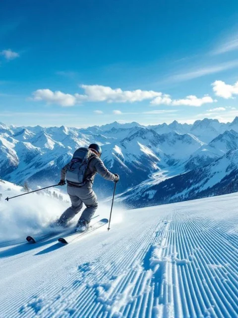 Professionele skiër toont perfecte houding tijdens parallelle bocht op blauwe piste met majestueuze Alpen en stralend blauwe hemel op achtergrond.