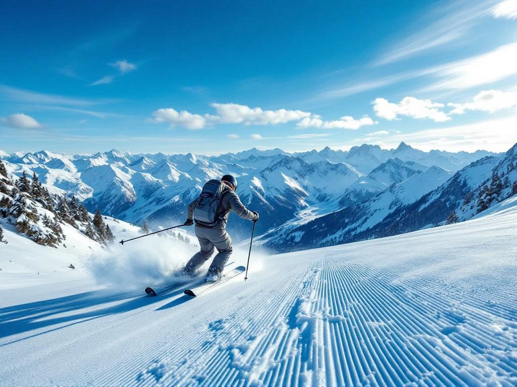 Professionele skiër toont perfecte houding tijdens parallelle bocht op blauwe piste met majestueuze Alpen en stralend blauwe hemel op achtergrond.