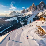 Aerial view of snow-covered Alpine ski slopes in Radstadt-Altenmarkt with skiers, groomed runs, and Austrian lodges.